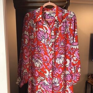 Trina Turk Red and Pink Floral Long Sleeve Dress